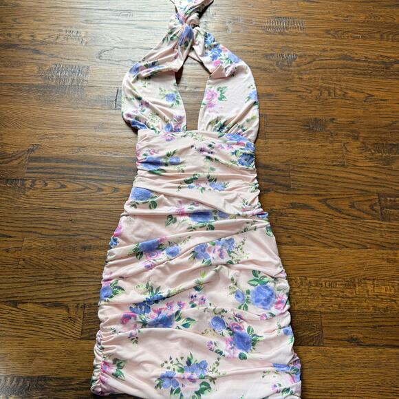 Zara Pink Floral Halter Dress XS Ruched Backless Corset Plunge Summer Party - Picture 2 of 5